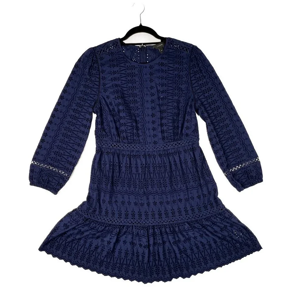 J. Crew Eyelet Lace Flutter Hem Embroidered Fit and Flare Cotton Dress Navy Sz 6